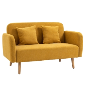 HOMCOM Sofá de 2 plazas Sofá con 2 Cojines decorativos Doble sofá tapizado con terciopelo Reposabrazos 130x70x80 cm Amarillo
