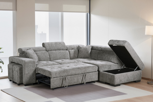 Grey Chenille Fabric 2C1 Corner Sofabed with Storage and Ottomans AMELIA