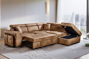 Faux Leather Suede Brown 2C1 Corner Sofabed with Storage and Ottomans AMELIA