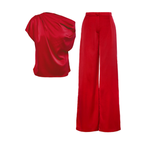 Red Set With Asymmetrical Draped Top And Wide Leg Trousers (L)