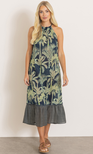 Botanical Printed Cotton Midi Dress - Navy/Khaki