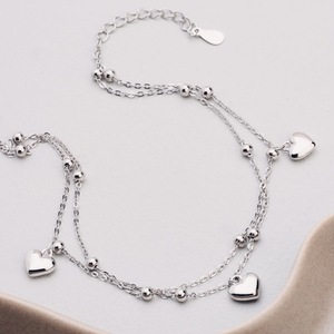 Signature Silver Double Layer Heart & Ball Anklet