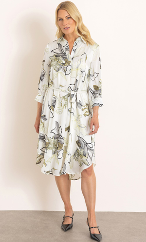 Bold Floral Printed Satin Look Belted Dress - Ivory/Lime