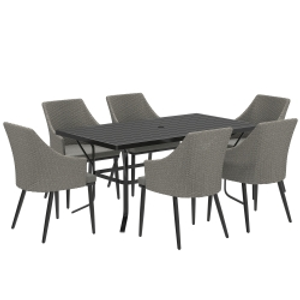Outsunny 6 Seater Rattan Dining Set with Cushions, Garden Furniture Set with Armchairs, Rectangle Slatted Table Top, Steel Frame, Parasol Hole, Wicker Outdoor Furniture for Patio, Balcony, Grey