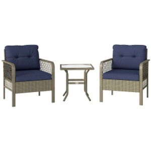 Outsunny 3 Pieces Rattan Bistro Set with Glass Top Coffee Table, Chairs and Cushions for Outdoor, Patio, Balcony, Charcoal Grey
