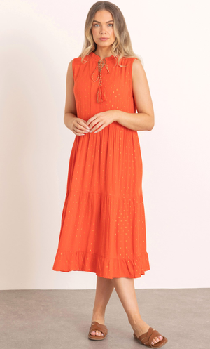 Sleeveless Crinkle Metallic Midi Dress - Orange