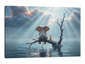 Elephant And Dog Sit On A Tree Escaping From The Flood