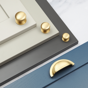76mm Satin Brass Cup Handle & 3 Sizes of Matching Knobs - 76mm Cup Handle
