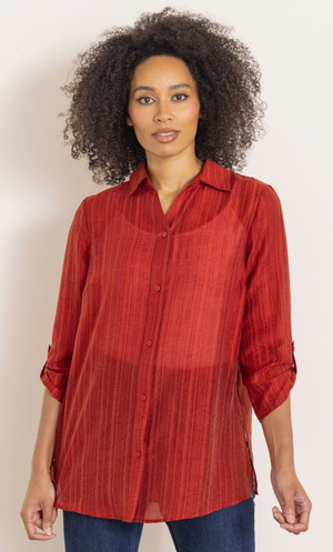 Striped Button Cuff Blouse - Rust