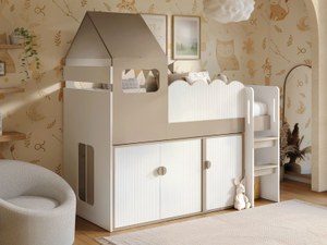 Flair Calista Ribbed House Mid Sleeper Bed with Storage White & Taupe