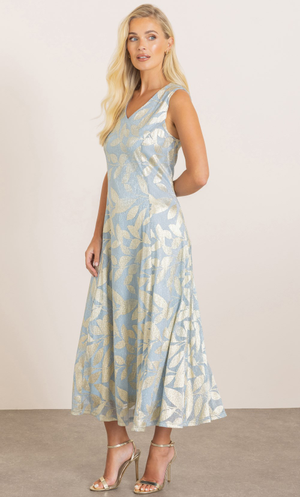 Metallic Leaf Print V Neck Midaxi Dress - Sky/Gold
