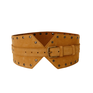 Wide Suede Waist Belt With Studs - Light Brown (M)