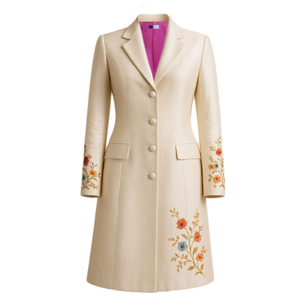 Luxury Handcrafted Ivory Bloom Long Coat In Silk (L)