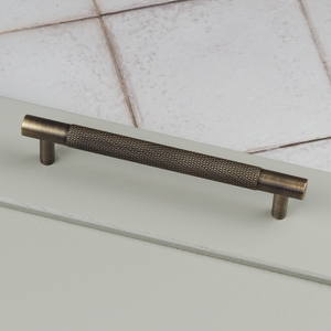 Antique Brass Knurled Solid Brass Bar Handles & Matching Button Knobs - 128mm Handle