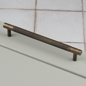 Antique Brass Knurled Solid Brass Bar Handles & Matching Button Knobs - 160mm Handle