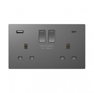 DE046SGS Screwless Double Switched Socket with Dual USB Ports A+C (3.1A) in Shadow Grey
