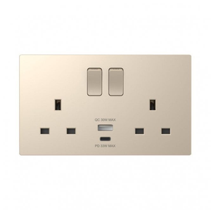 DE047CGS Screwless Double Switched Socket with Dual USB Ports A+C (33W) in Champagne Gold