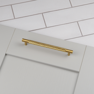 Solid Satin Brass Knurled Bar Cabinet Handles & Matching Button Knobs - 160mm Handle