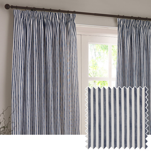 Yard Hebden Striped Cotton Ready Made Pencil Pleat Curtains Navy