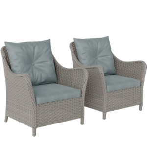Outsunny Rattan Garden Chairs Set of 2, Outdoor Rattan Chairs with Cushions, Armrests and High Back, PE Wicker Garden Armchair with Steel Frame for Balcony, Porch, Light Grey