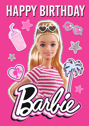 Barbie Pink Tropical Illustration Happy Birthday Card