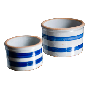 Set of 2 Antique Blue and White Ceramic Butter Crocks