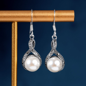 Signature Silver Marcasite & Synthetic Pearl Twist Drop Earrings