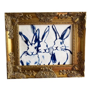 Bunny Hop Original Art Painting in Gold Gilded Wooden Frame Artist Tatiana Duperault