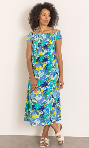 Leaf Print Smocked Bardot Midaxi Dress - White/Blue/Aqua