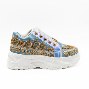 Petra Luxury Dusky Blue Satin Handmade Embellished Trainers (6 UK)