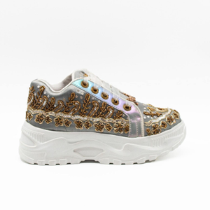 Petra Luxury Silver Satin Handmade Embellished Trainers (5 UK)