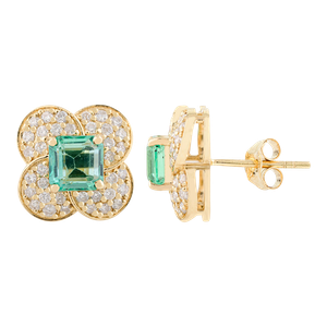 Diamond & Emerald Clover Stud Earrings in 18k Gold- a Pair