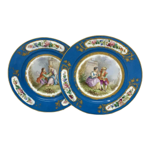 Antique Pair French Sevres Hand Painted Celeste Blue Circular Cabinet Plates Late 19thCt