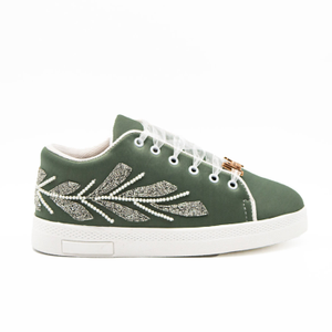Isabel Luxury Sage Lycra Handmade Embellished Trainers (5 UK)