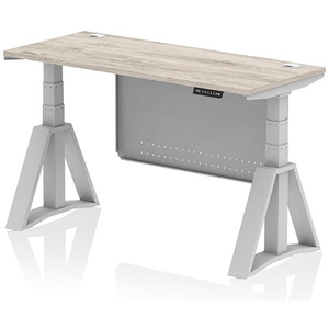 Air Modesty 1400mm Slim Height Adjustable Cable Ports Desk, Silver Leg and Modesty Panel, Grey Oak