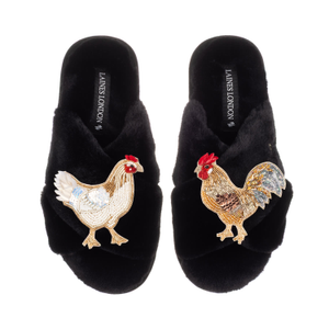 Classic Laines Slippers With Chicken & Rooster Brooches - Black (M)
