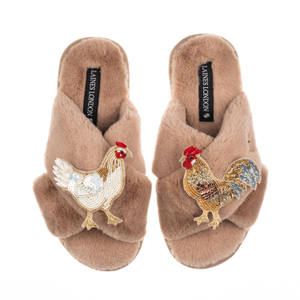Classic Laines Slippers With Chicken & Rooster Brooches - Toffee (M)