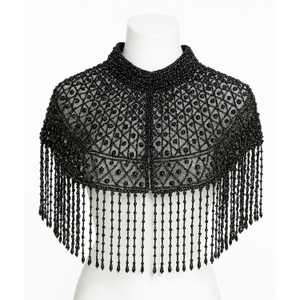 Handmade Black Beaded Cape Shawl - Pearl Fringe Evening Wear (XL)