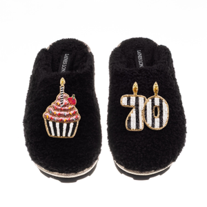 Teddy Closed Toe Slippers With Stripe 70Th Birthday & Cake Brooches - Black (L)
