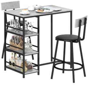 HOMCOM Conjunto de Mesa de Bar con 2 Taburetes Estantes Laterales Asiento Acolchado y Barra para Descanso de Pies Gris Oscuro