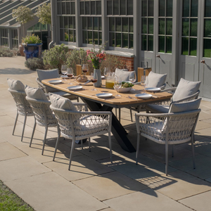 Maze - Jakarta Teak Oval Dining Table with 8 Monaco Cool Linen Rope Weave Dining Chairs