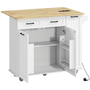 HOMCOM Isla de Cocina con Ruedas Toma de Corriente USB Tablero Plegable 2 Cajones Especiero y Toallero 112x74x94,5 cm Blanco