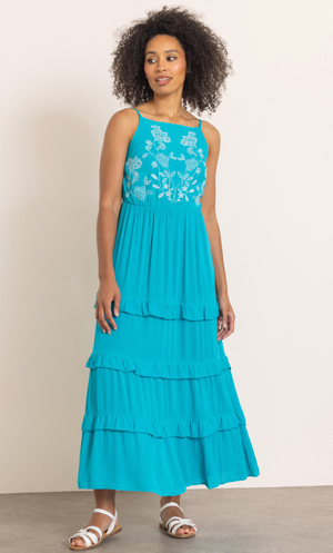 Embroidered Frill Maxi Dress - Bright/Aqua