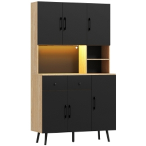 HOMCOM Alacena de Cocina con Luces LED RGB con 6 Puertas 2 Cajones Encimera y Orificio para Cables 100x40x176 cm Negro y Roble