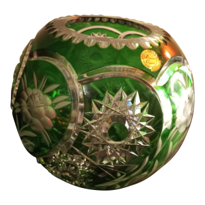 1970s Bohemian Czech Republic Cut to Clear Green Crystal Bowl