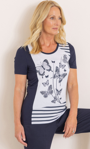 Anna Rose Embellished Butterfly Print Top - Navy/White