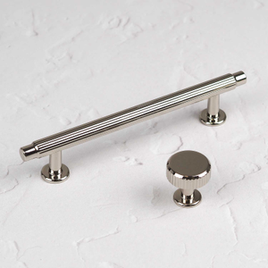 Bright Nickel Reeded Cabinet Bar Handle 128mm & Matching Round Knob Pull - 128mm Handle