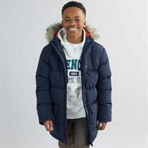 Kangaroo Poo Boys Faux Fur Trim Hood Puffer Jacket Navy