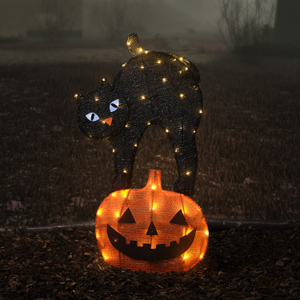 Silhouette Lumineuse Chat Noir et Citrouille d'Halloween