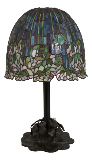 Tiffany Style Lilly Bronze Base Slag Glass Lamp